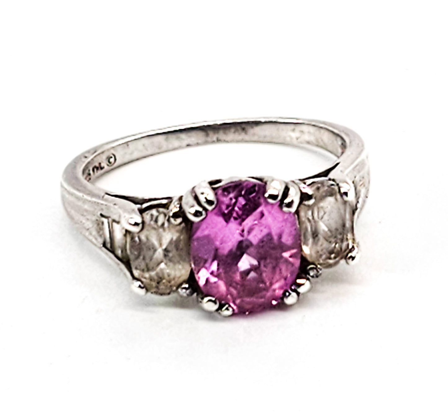 Pink and white Sapphire three stone vintage sterling silver ring size 7