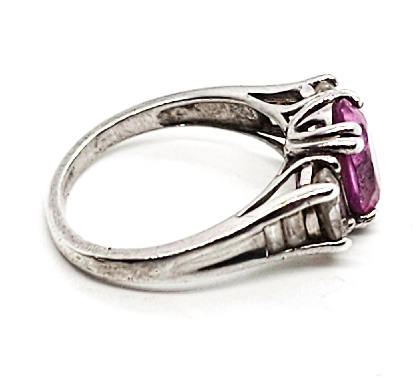 Pink and white Sapphire three stone vintage sterling silver ring size 7