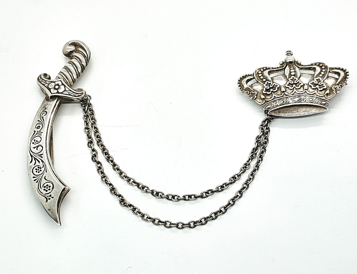 Crown And Sword Chatelaine vintage sterling silver collar Brooch