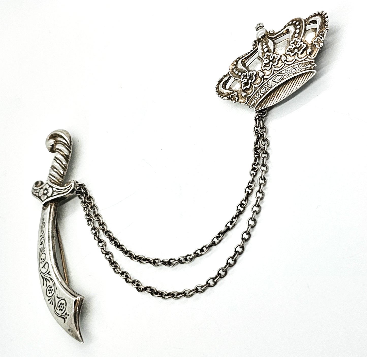 Crown And Sword Chatelaine vintage sterling silver collar Brooch