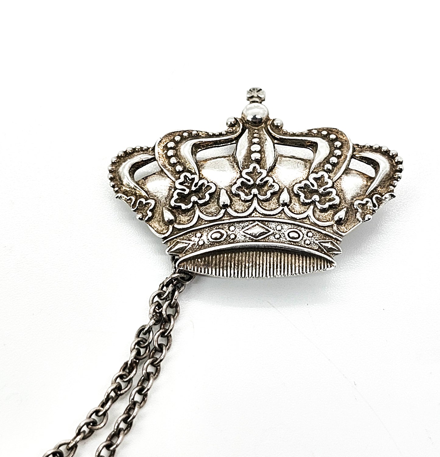 Crown And Sword Chatelaine vintage sterling silver collar Brooch