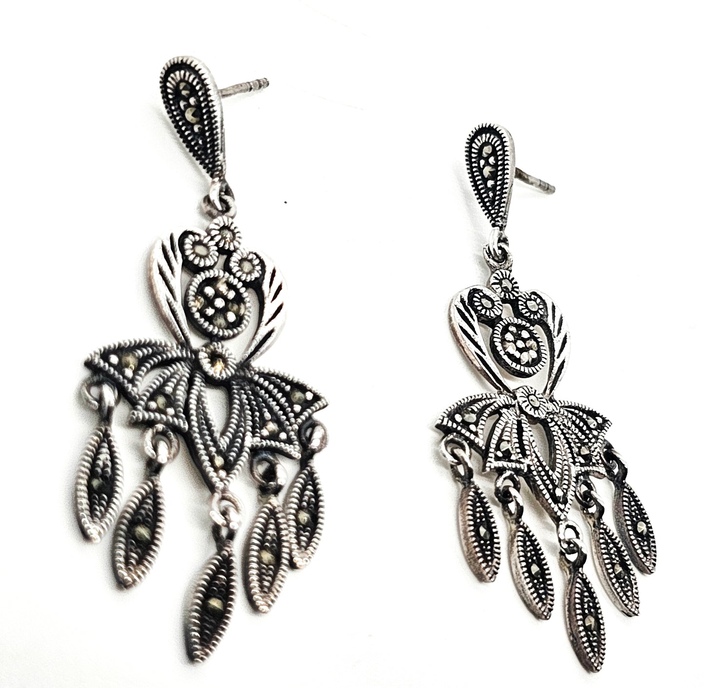 Marcasite flower long drop dangle vintage sterling silver earrings