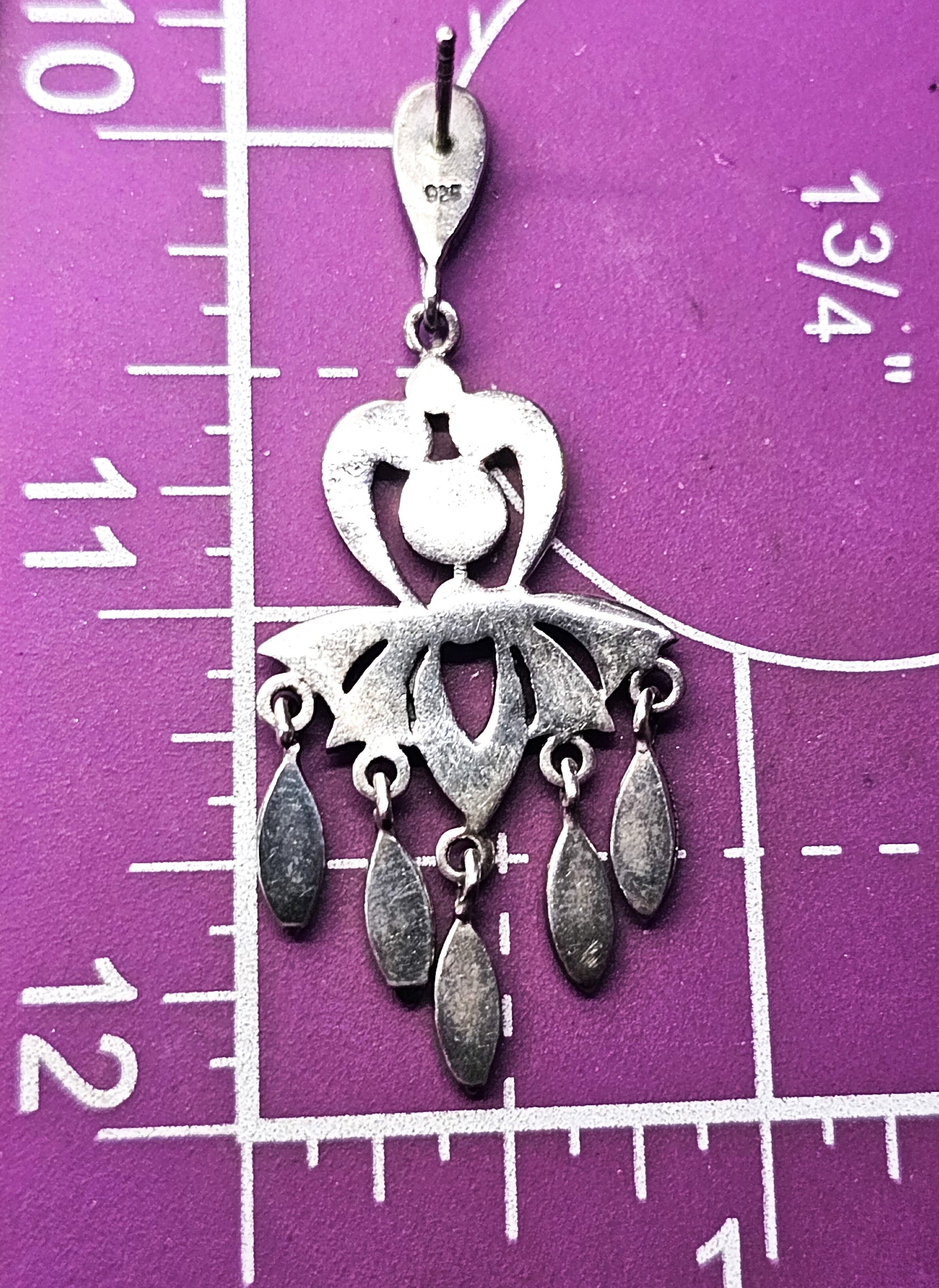 Marcasite flower long drop dangle vintage sterling silver earrings