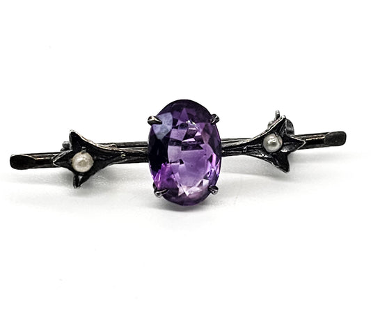 Edwardian Amethyst and seed pearl antique sterling silver brooch