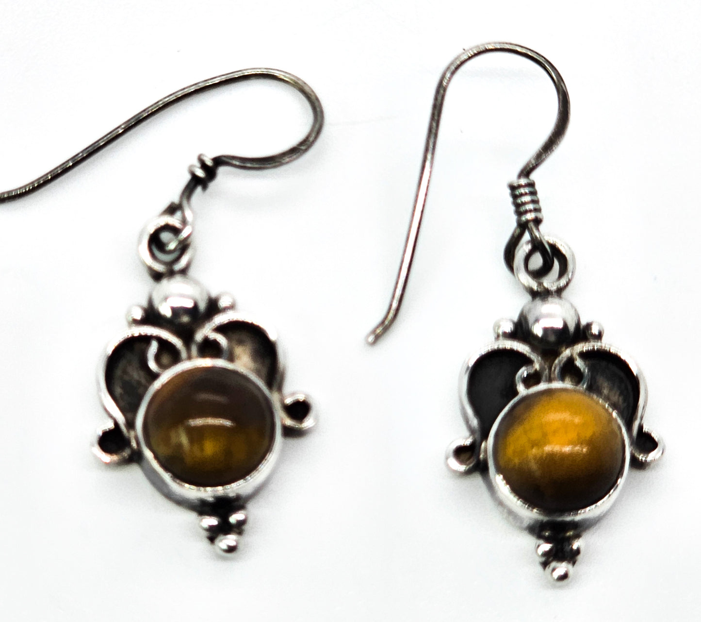 Tiger's Eye gemstone vintage sterling silver drop Bali earrings