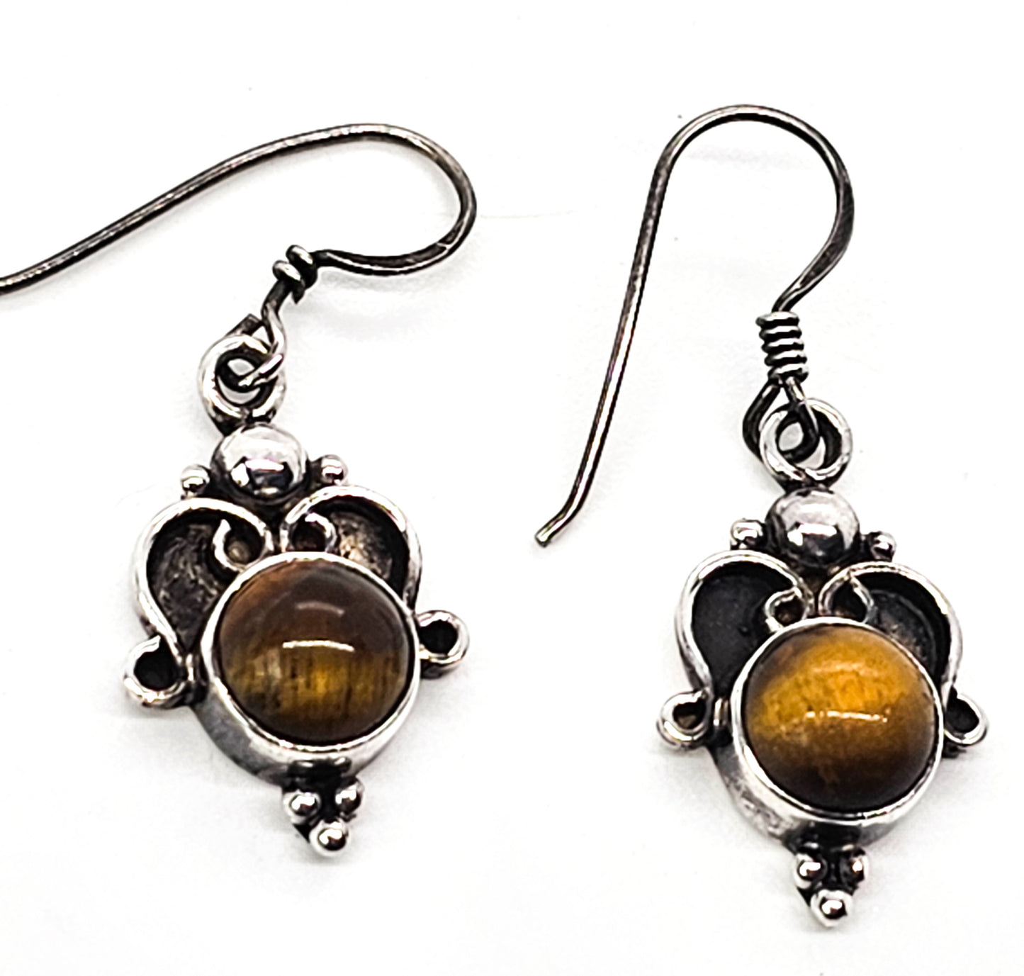Tiger's Eye gemstone vintage sterling silver drop Bali earrings