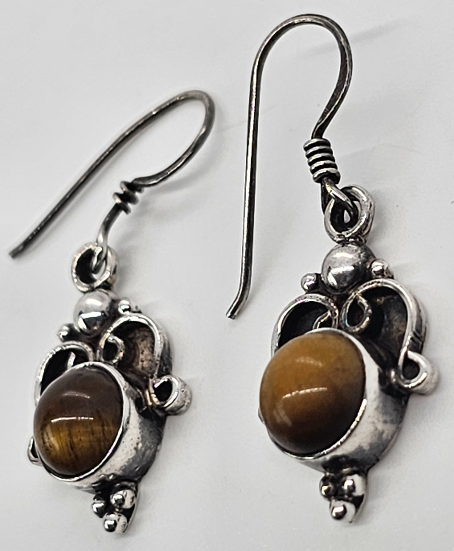 Tiger's Eye gemstone vintage sterling silver drop Bali earrings