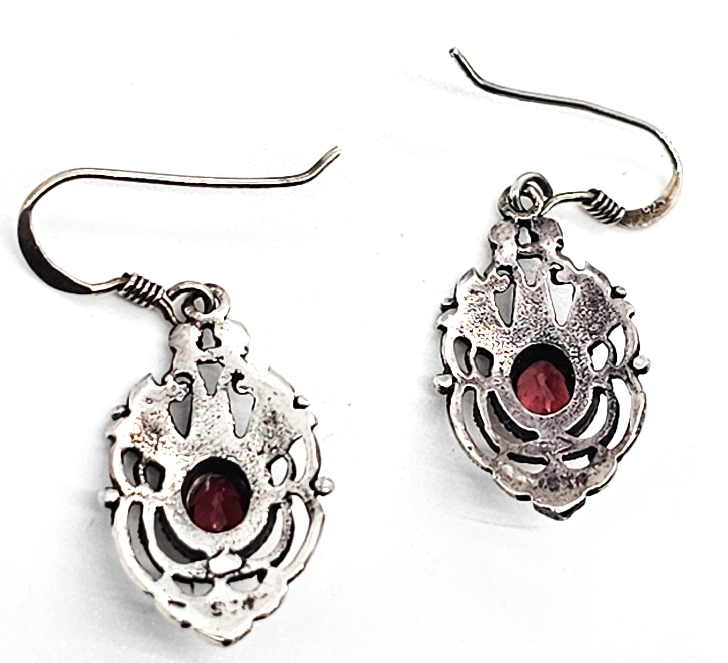 Garnet open work filigree vintage sterling silver drop earrings