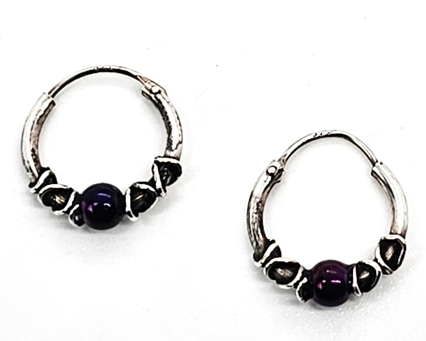 Purple and silver beaded 1/2 inch vintage sterling silver hoop earrings