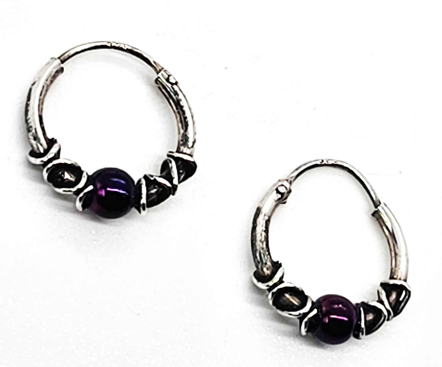 Purple and silver beaded 1/2 inch vintage sterling silver hoop earrings