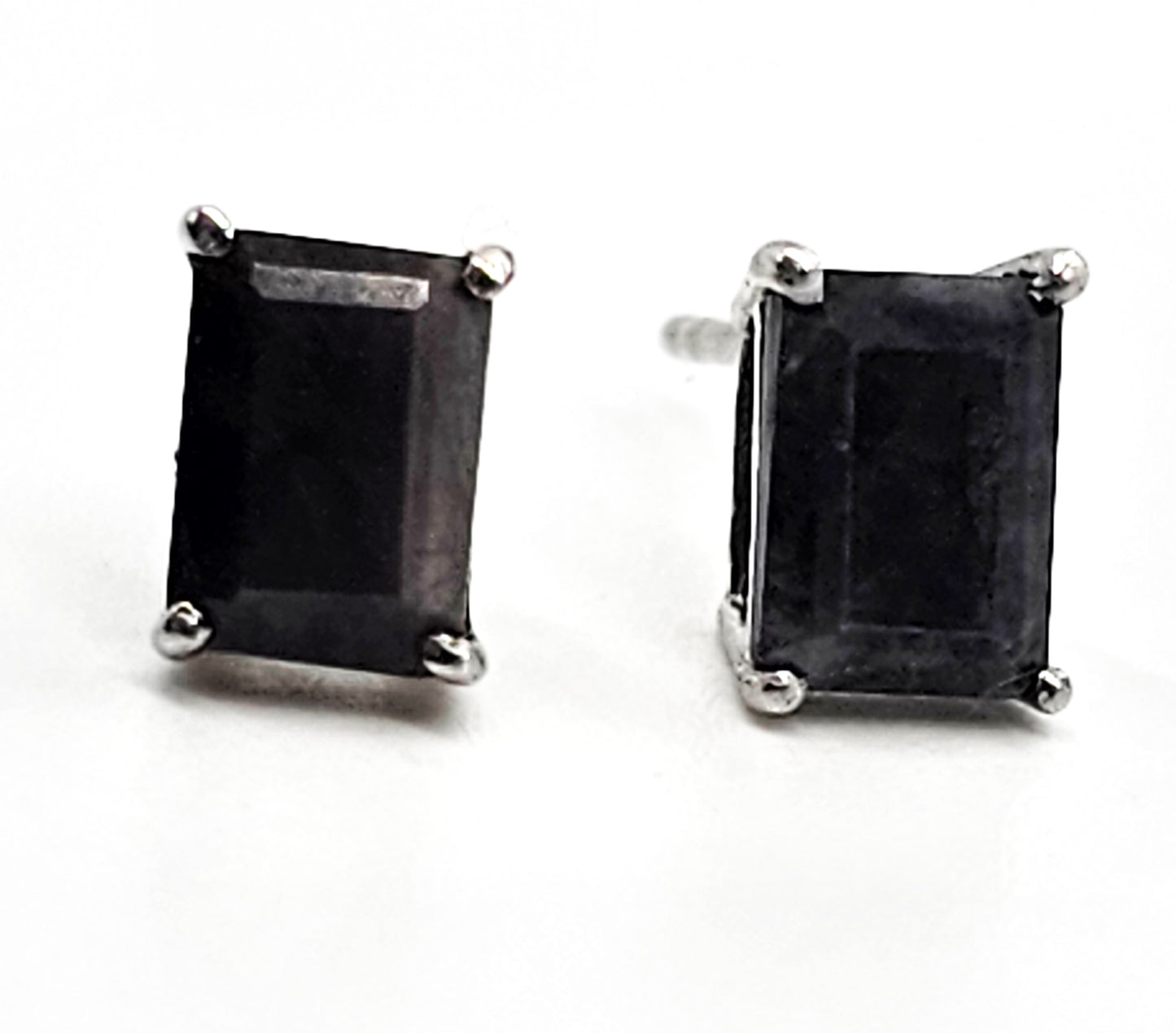 STS black sapphire emerald cut sterling silver stud earrings