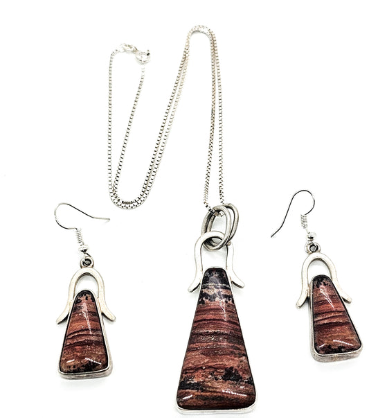 Rhodonite pink gemstone artisan sterling silver vintage necklace earrings