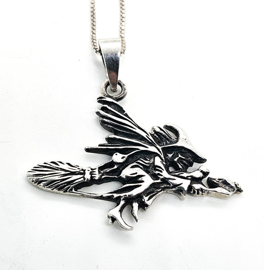 Flying witch on a broom Halloween vintage sterling silver pendant necklace