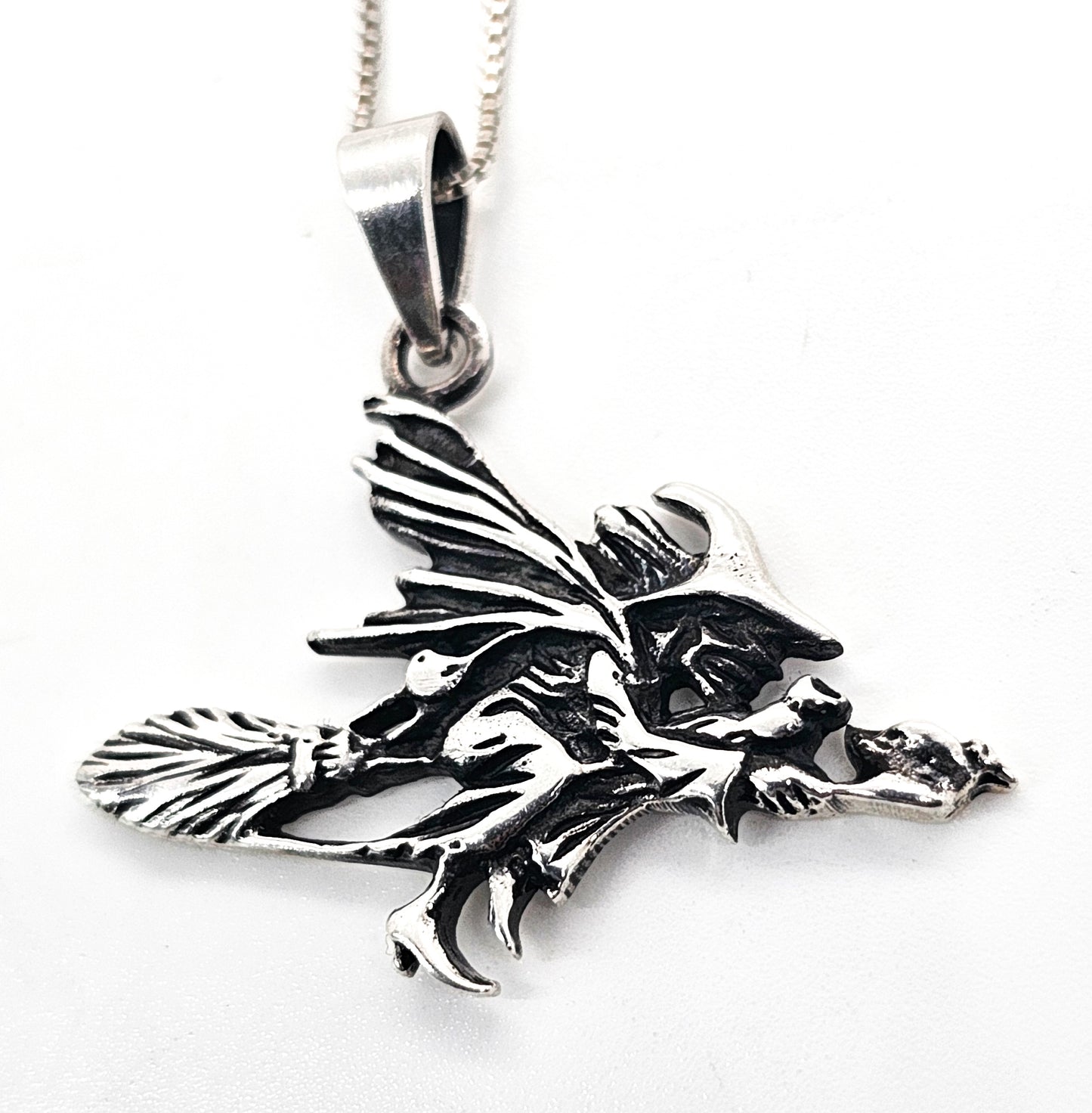 Flying witch on a broom Halloween vintage sterling silver pendant necklace