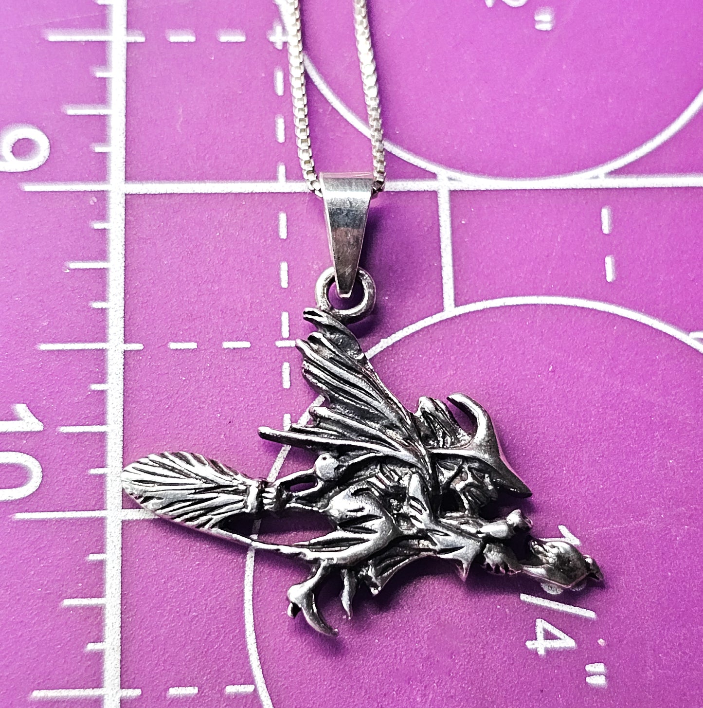 Flying witch on a broom Halloween vintage sterling silver pendant necklace