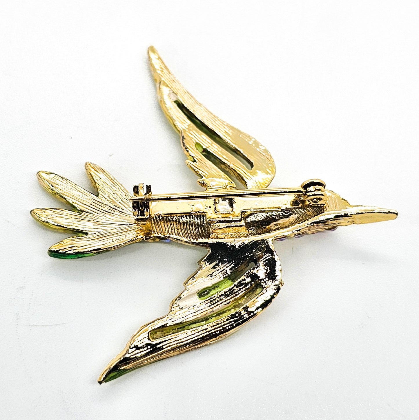 Flying hummingbird enamel and aurora borealis vintage rhinestone brooch