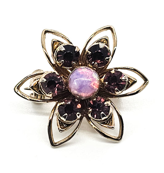 Opal Dichroic glass and purple rhinestone vintage flower brooch