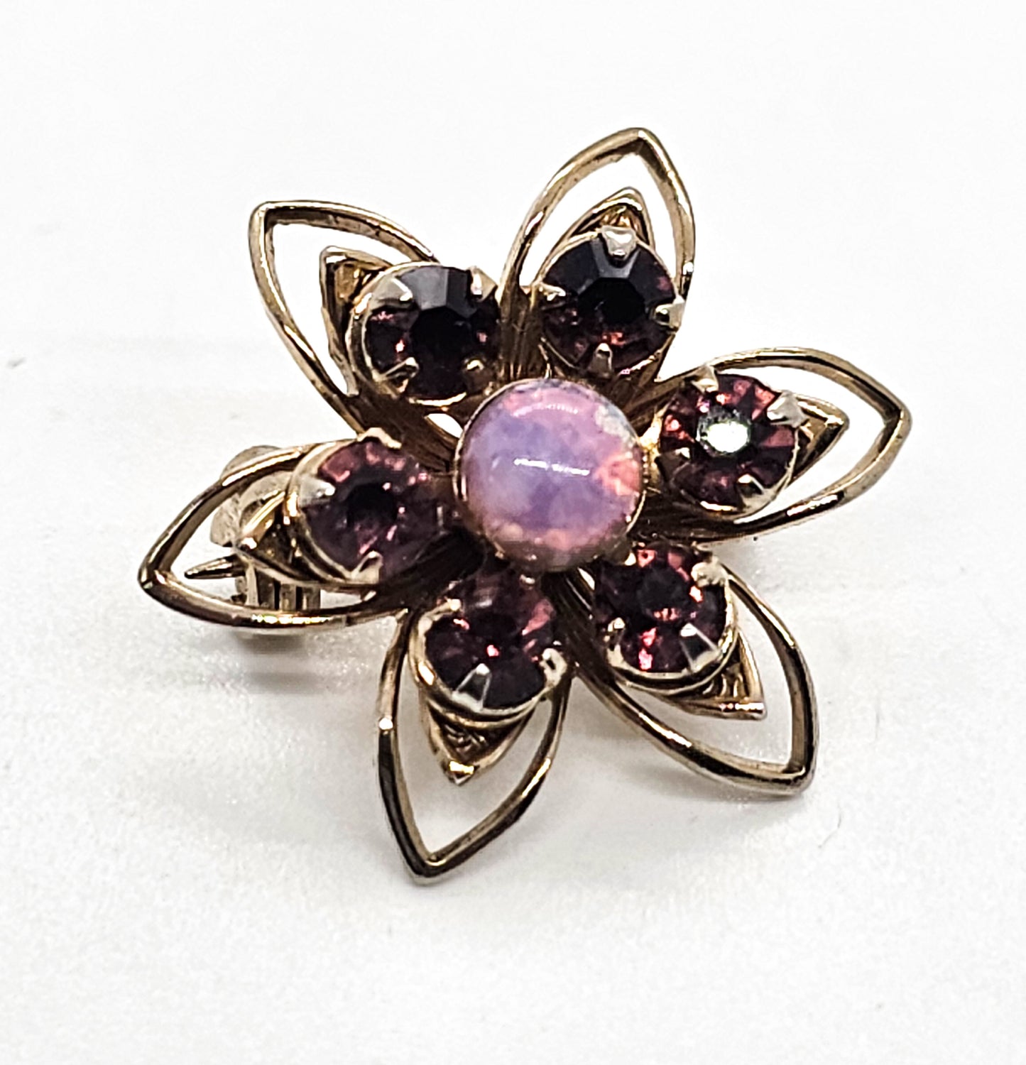 Opal Dichroic glass and purple rhinestone vintage flower brooch