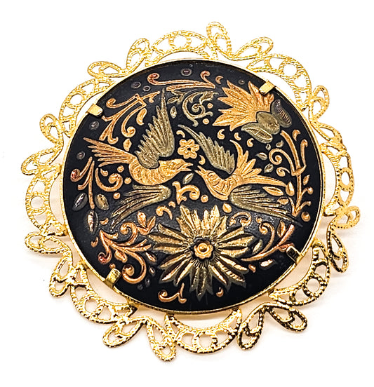 Spanish Damascene vintage double swallow bird black and gold brooch