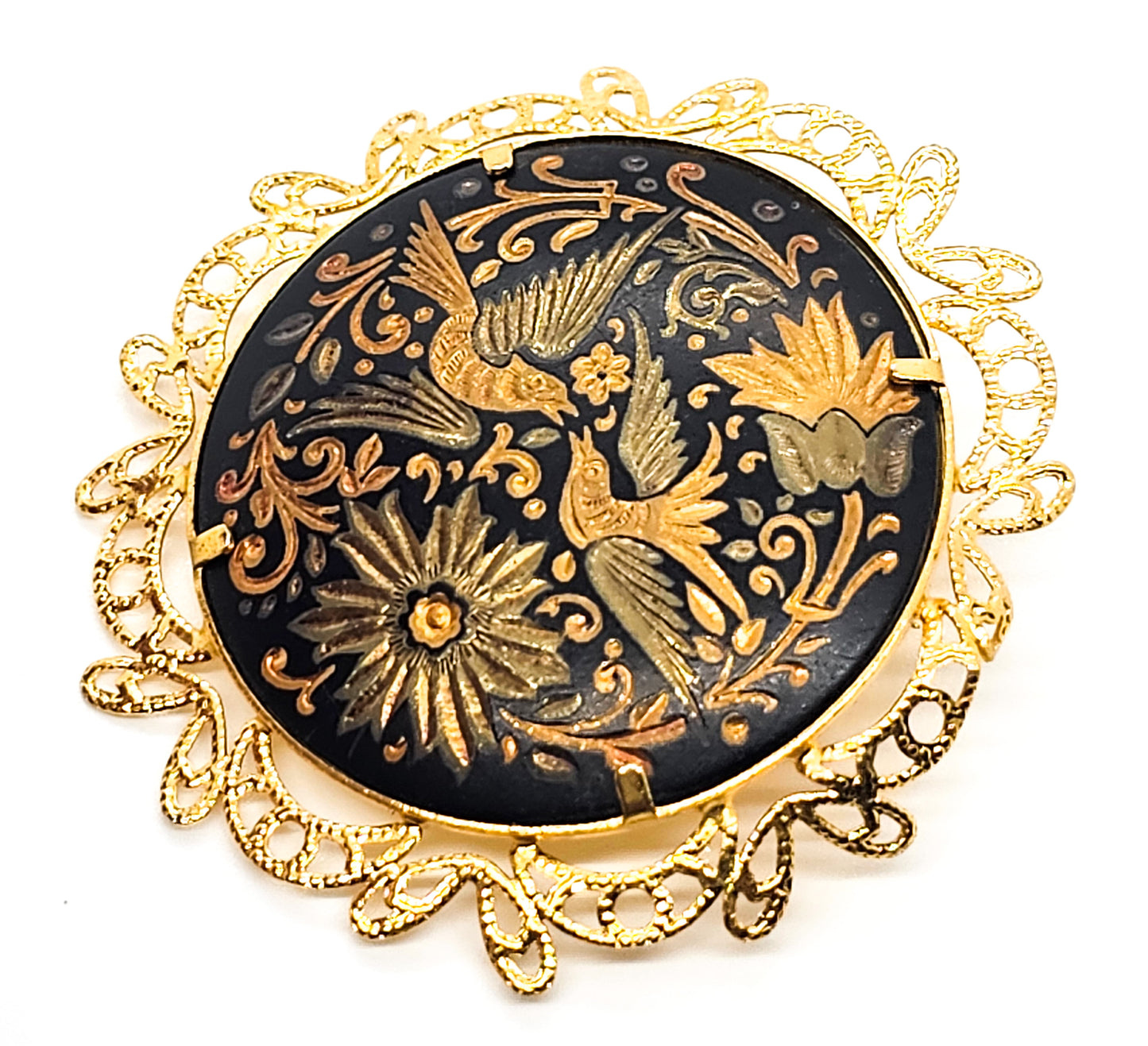 Spanish Damascene vintage double swallow bird black and gold brooch