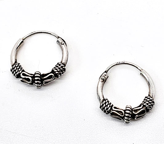 Balinese Bali style small vintage sterling silver 1/2  inch hoop earrings