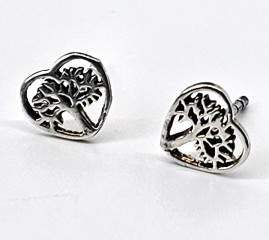 Tree of life open work heart sterling silver stud earrings