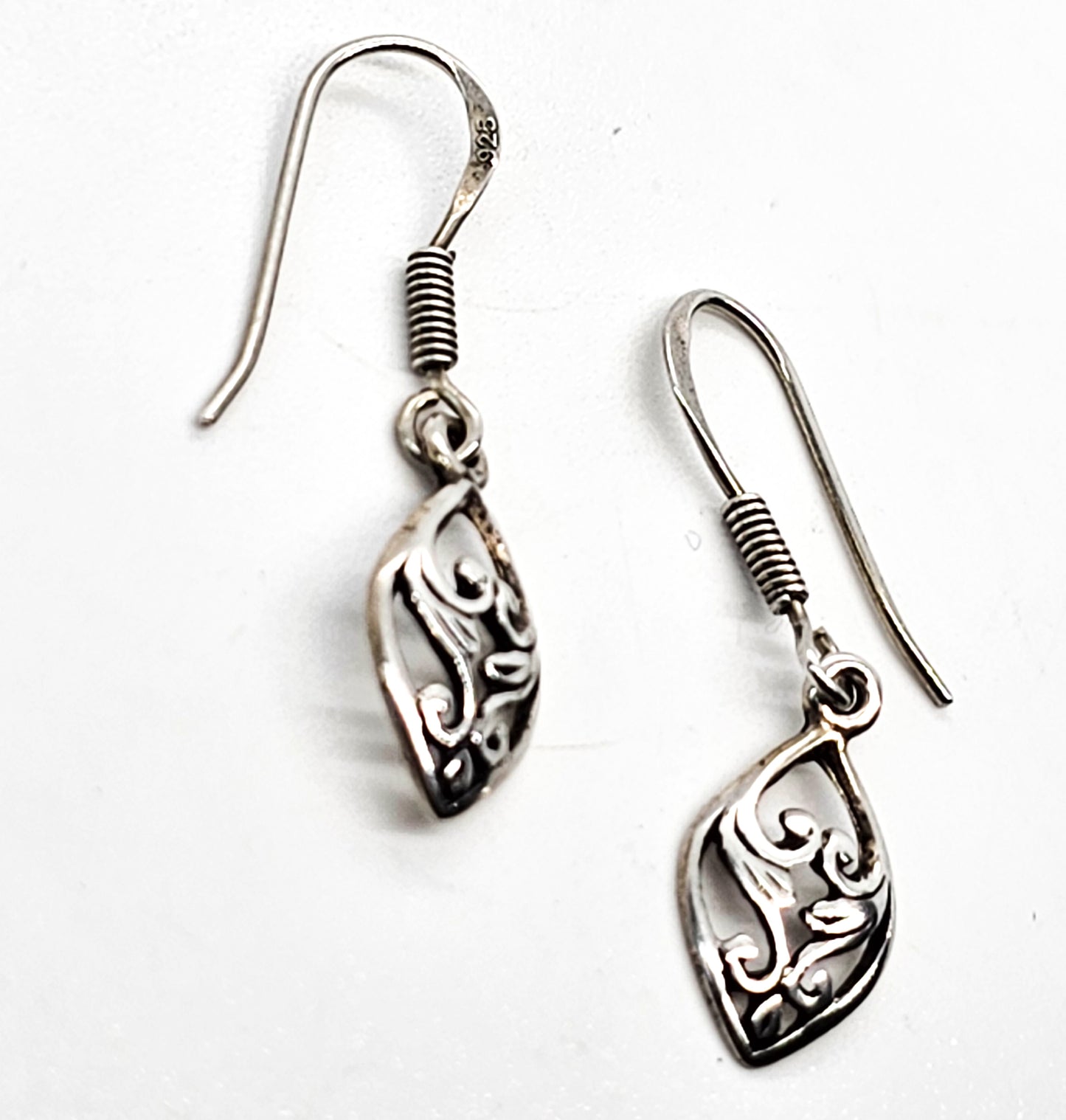 Balinese heart scroll vintage sterling silver drop earrings