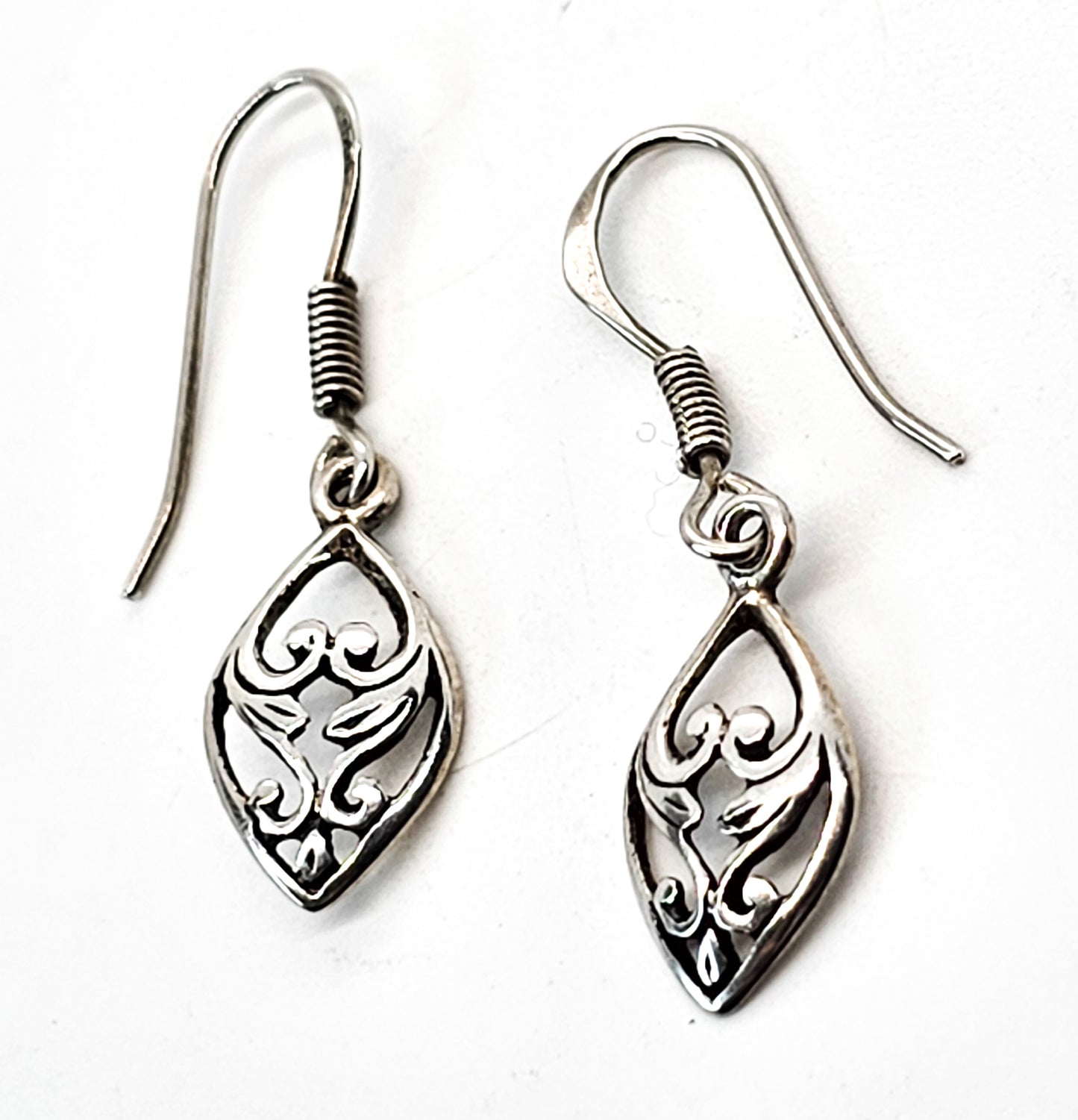 Balinese heart scroll vintage sterling silver drop earrings