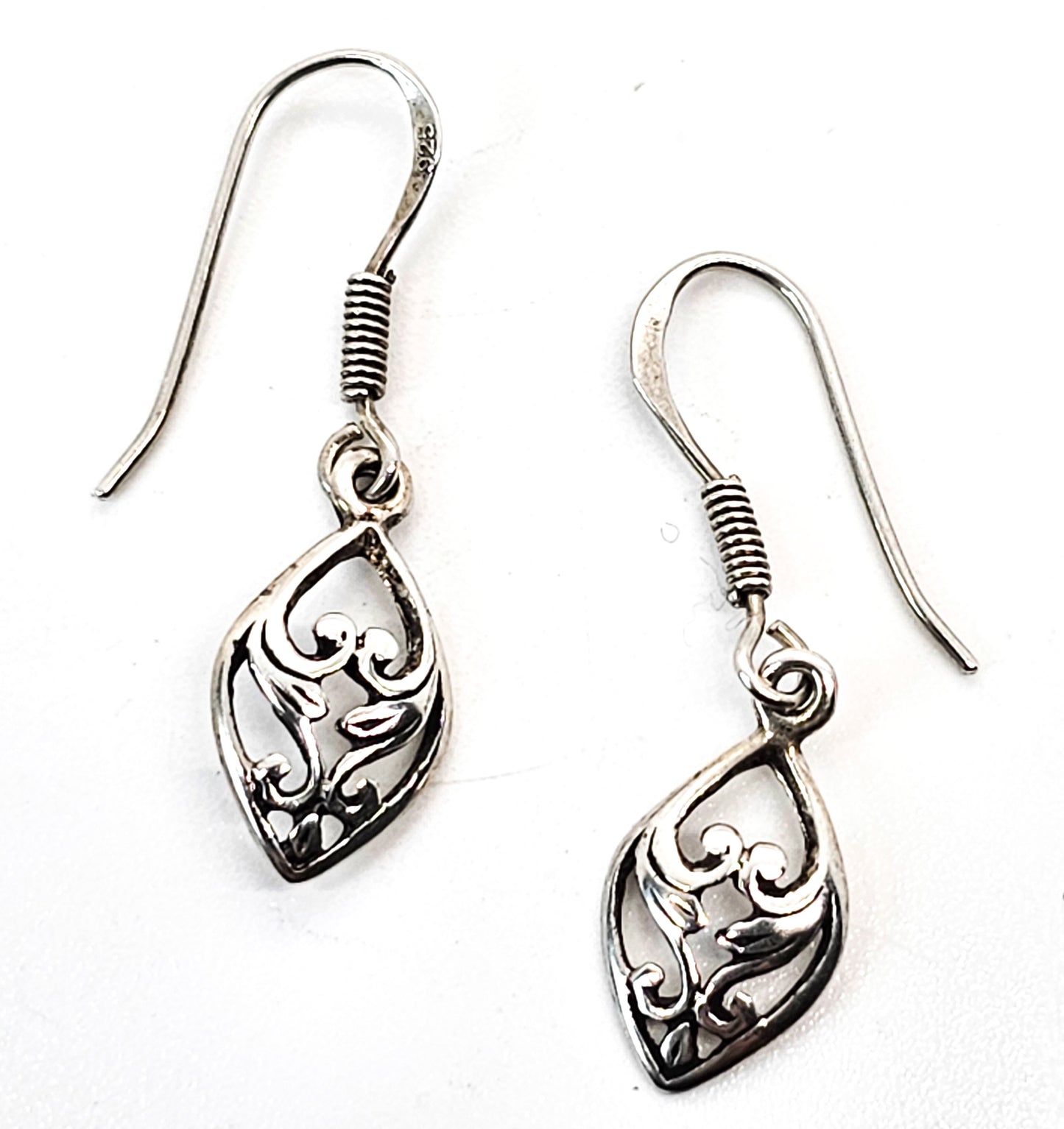 Balinese heart scroll vintage sterling silver drop earrings