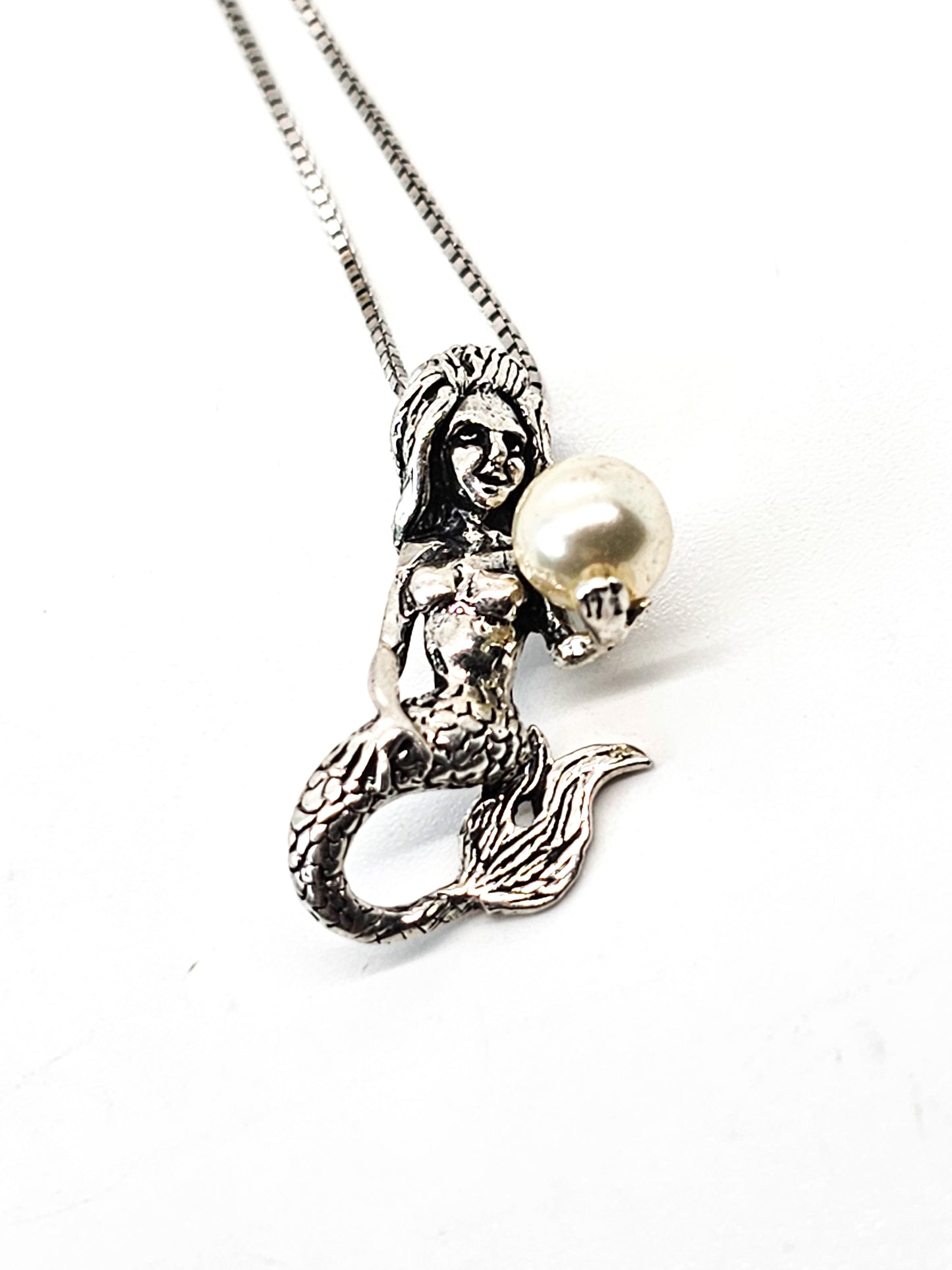 Mermaid with white pearl vintage sterling silver necklace