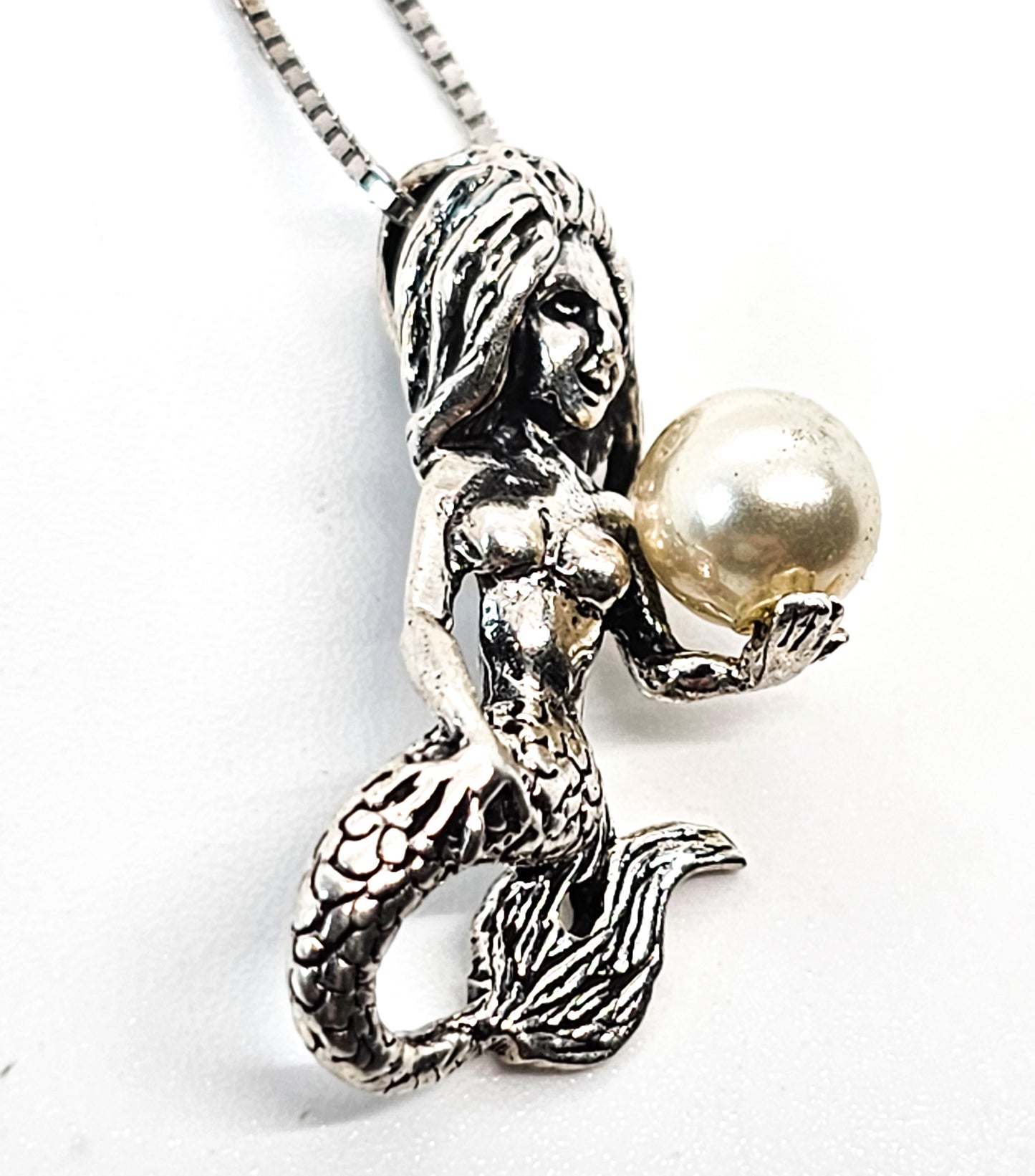 Mermaid with white pearl vintage sterling silver necklace