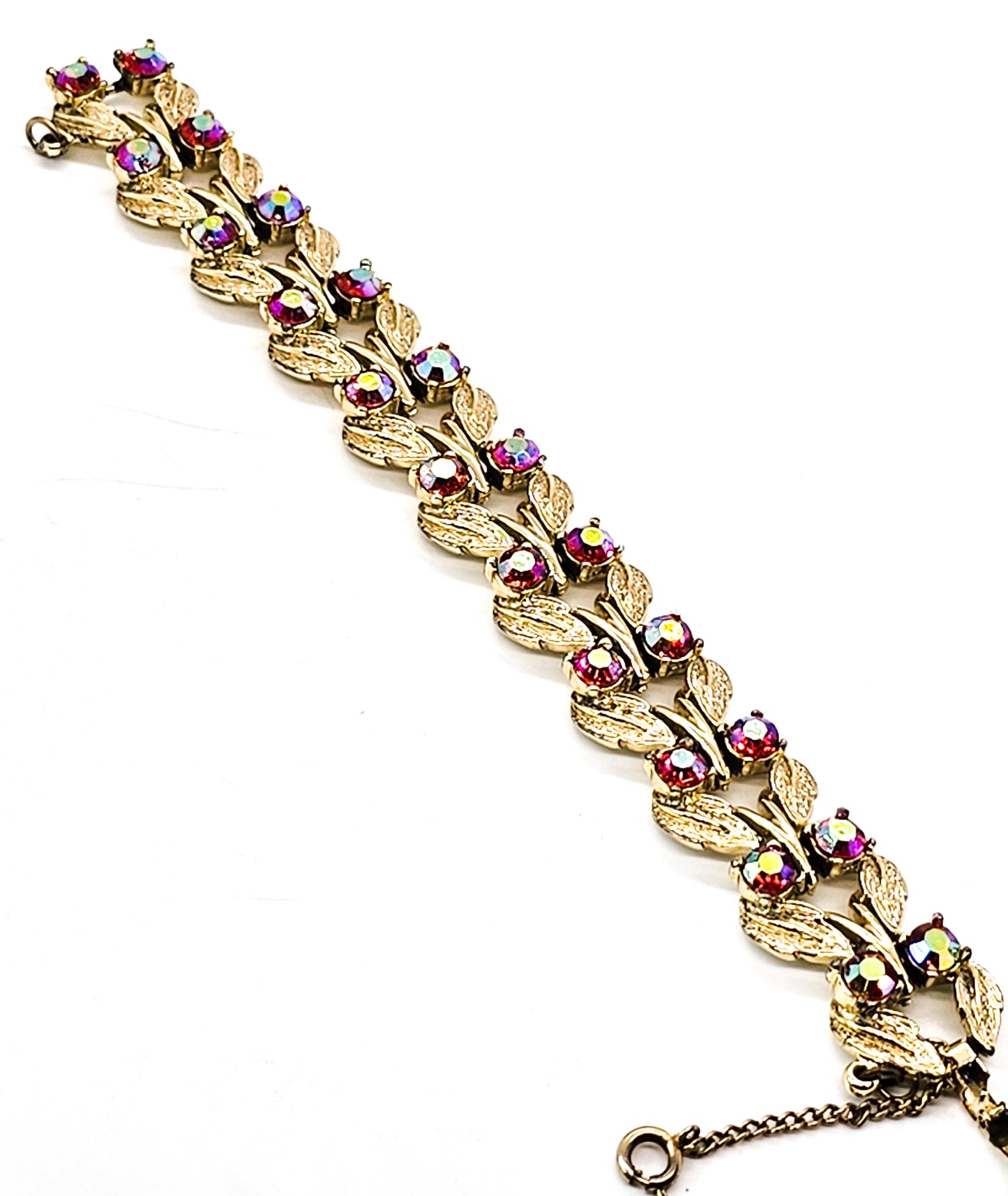 Red and Gold Aurora Borealis gold toned leaf mid century bracelet