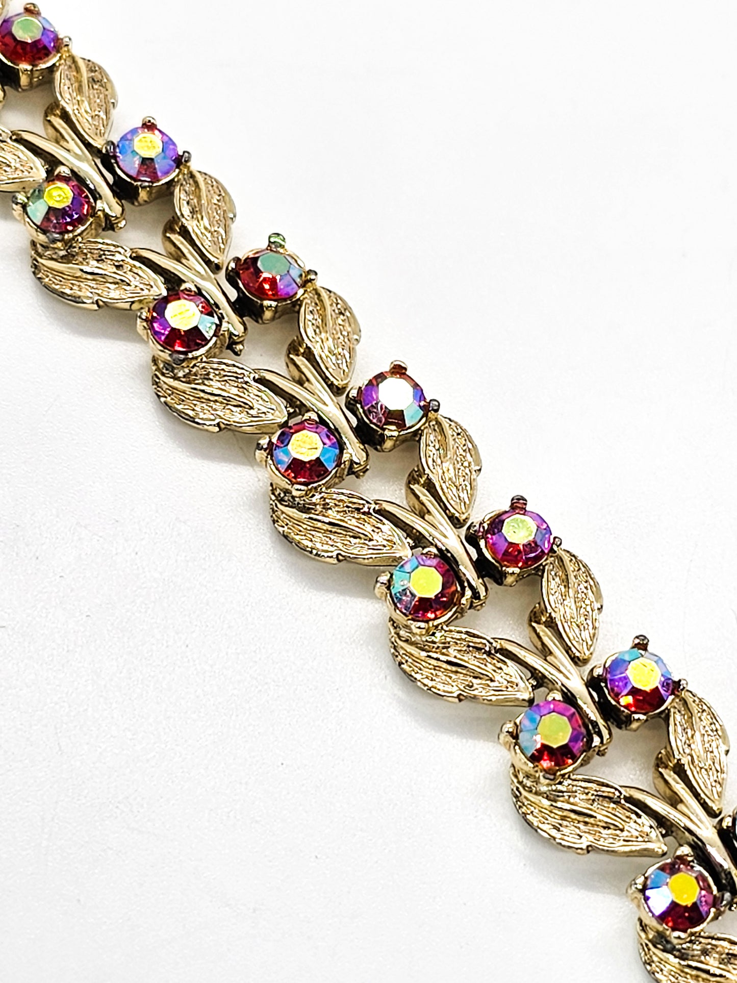 Red and Gold Aurora Borealis gold toned leaf mid century bracelet