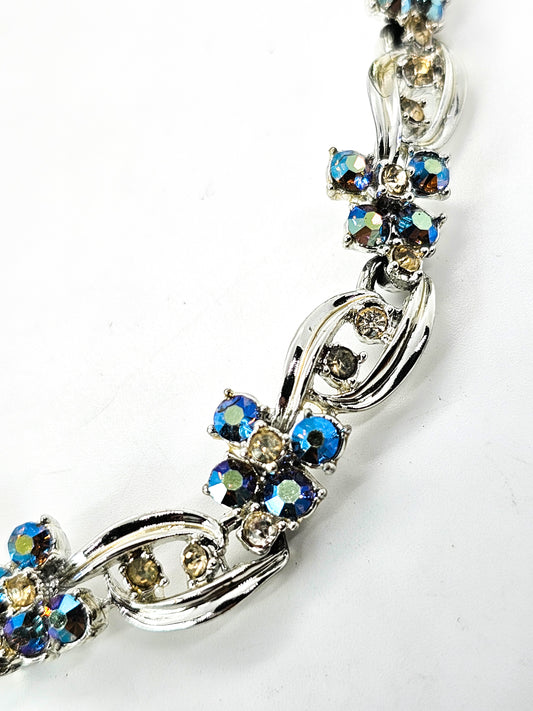 Peacock blue Aroura Borealis silver toned vintage necklace choker