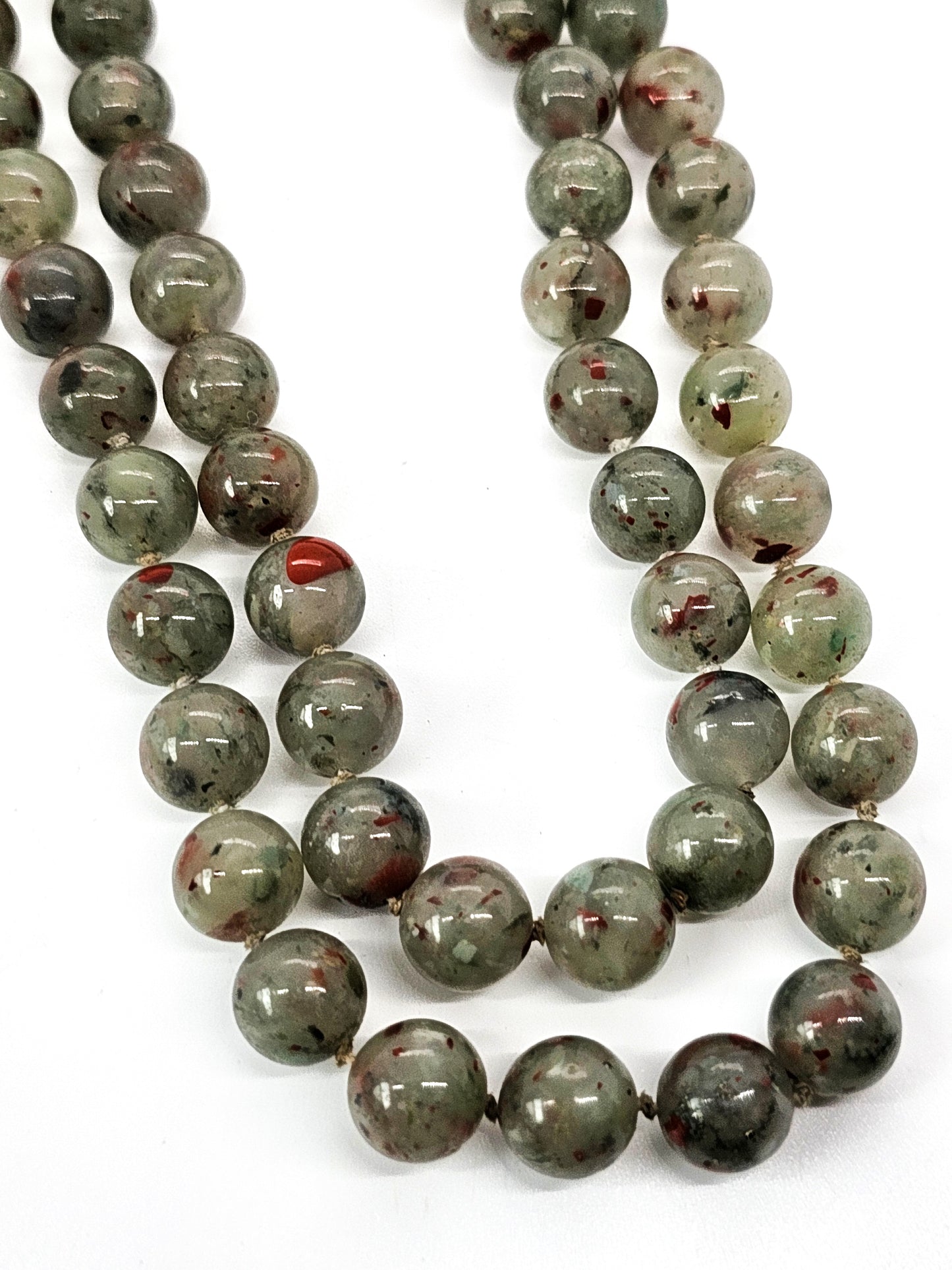African Bloodstone 12mm beaded silk knotted vintage necklace