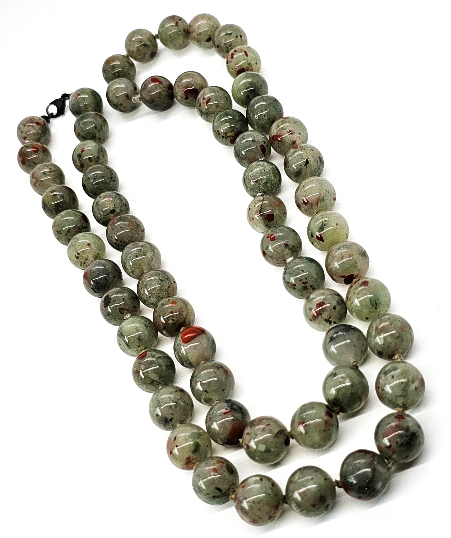 African Bloodstone 12mm beaded silk knotted vintage necklace
