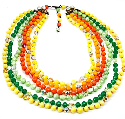 Funky 60's retro beaded Orange Aurora borealis layered vintage necklace