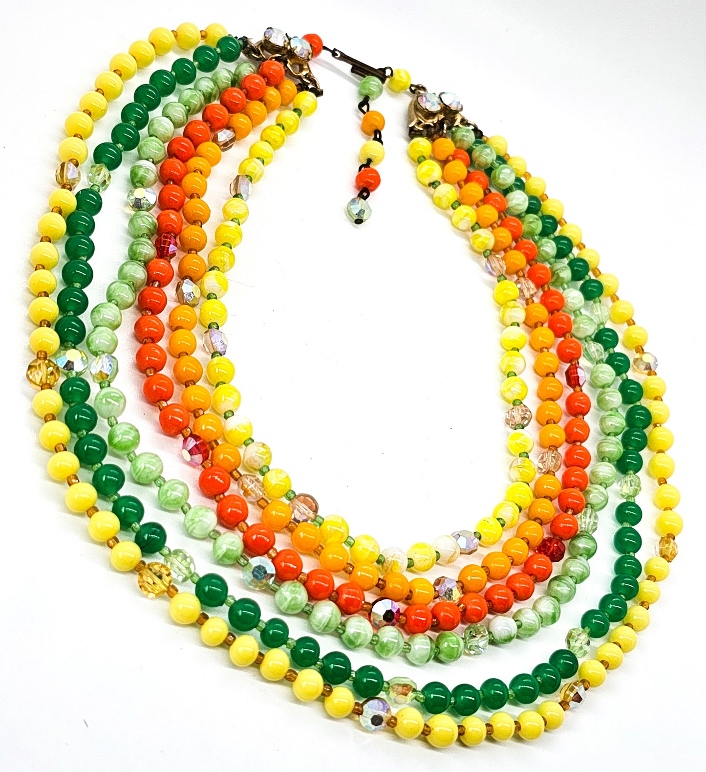 Funky 60's retro beaded Orange Aurora borealis layered vintage necklace