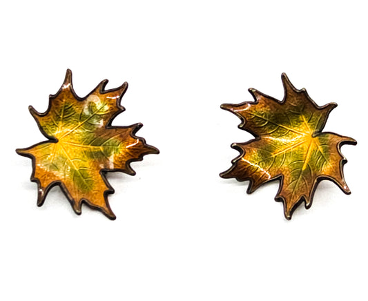 Hroar Prydz Norway enamel sterling silver maple leaf vintage clip on earrings