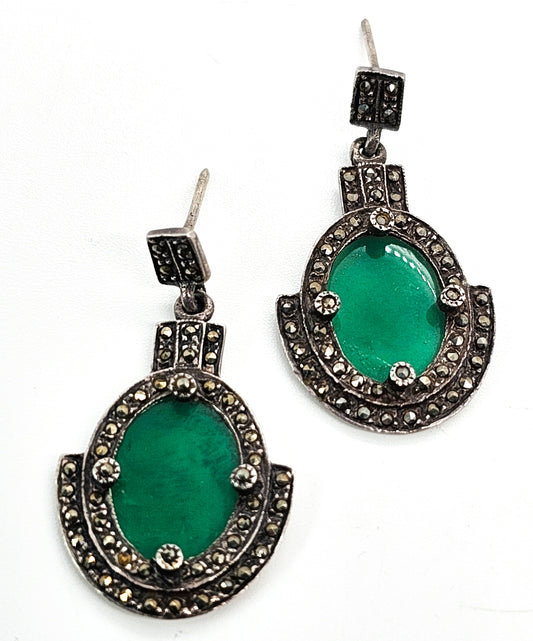 Art Deco Green Chalcedony and marcasite vintage sterling silver drop earrings