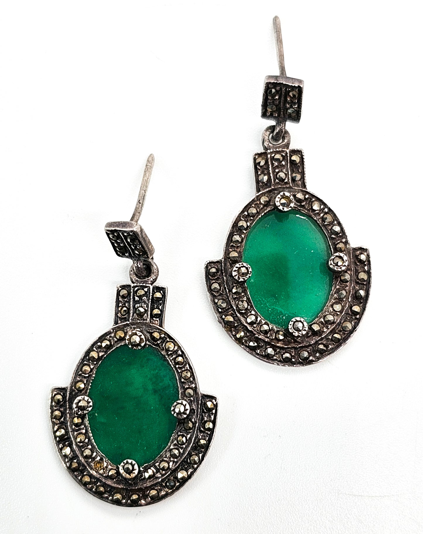 Art Deco Green Chalcedony and marcasite vintage sterling silver drop earrings