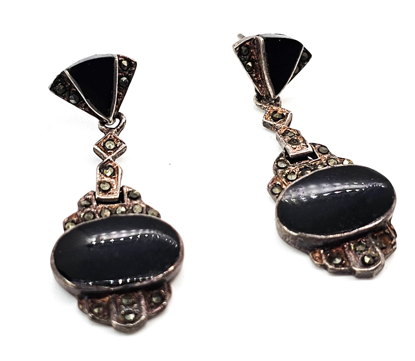 Art Deco Onyx and marcasite long vintage sterling silver earrings