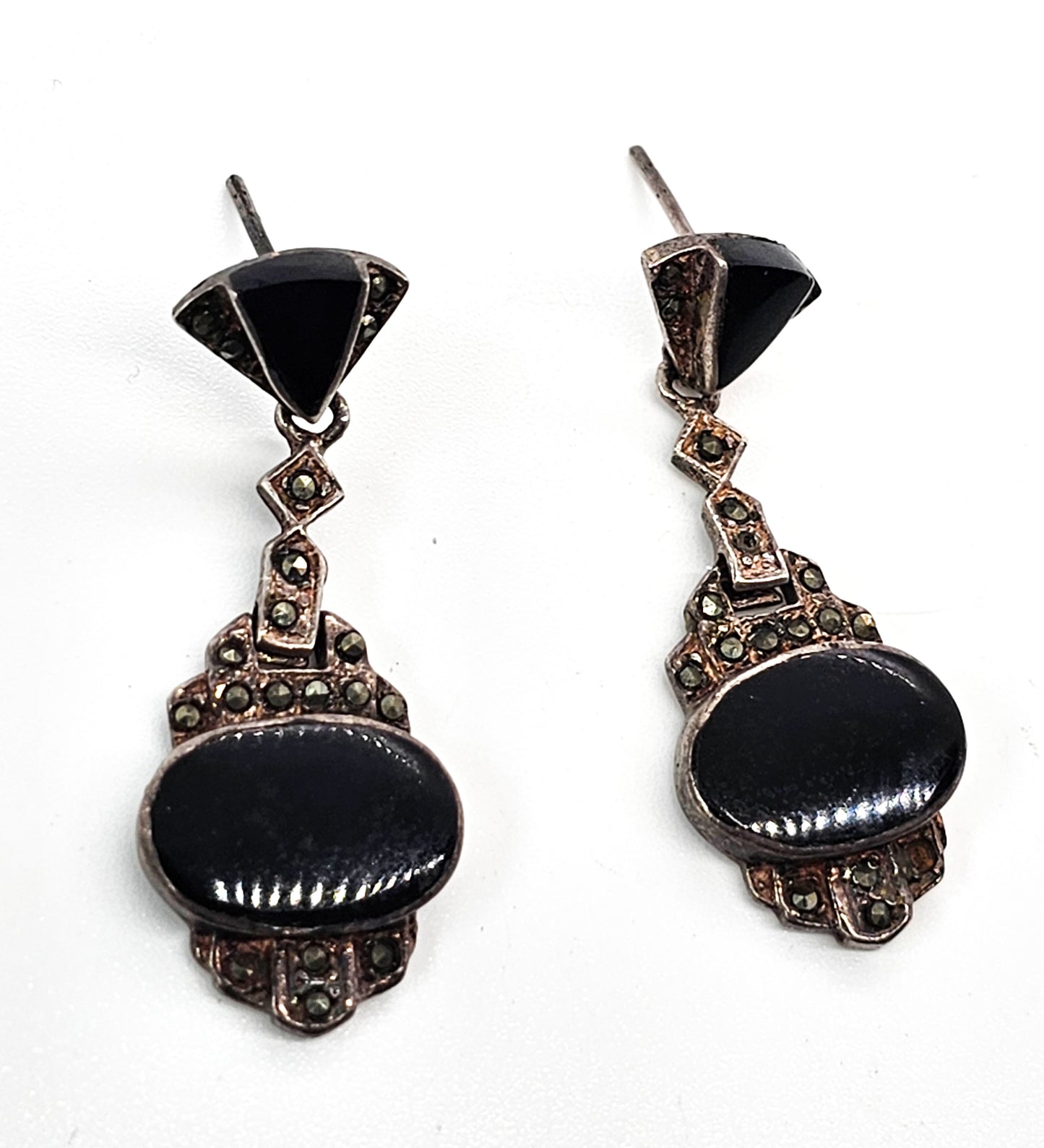 Art Deco Onyx and marcasite long vintage sterling silver earrings