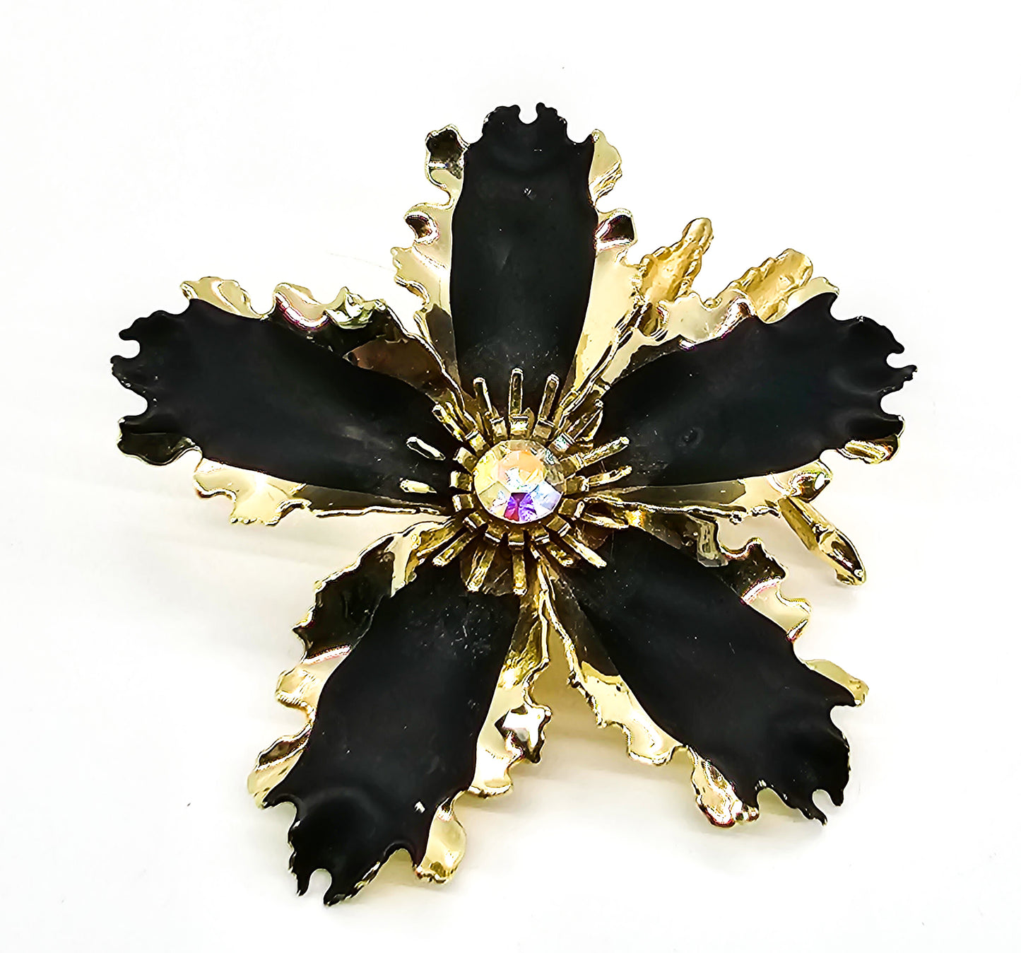 Black & gold rhinestone vintage mid century tin flower earrings and brooch set