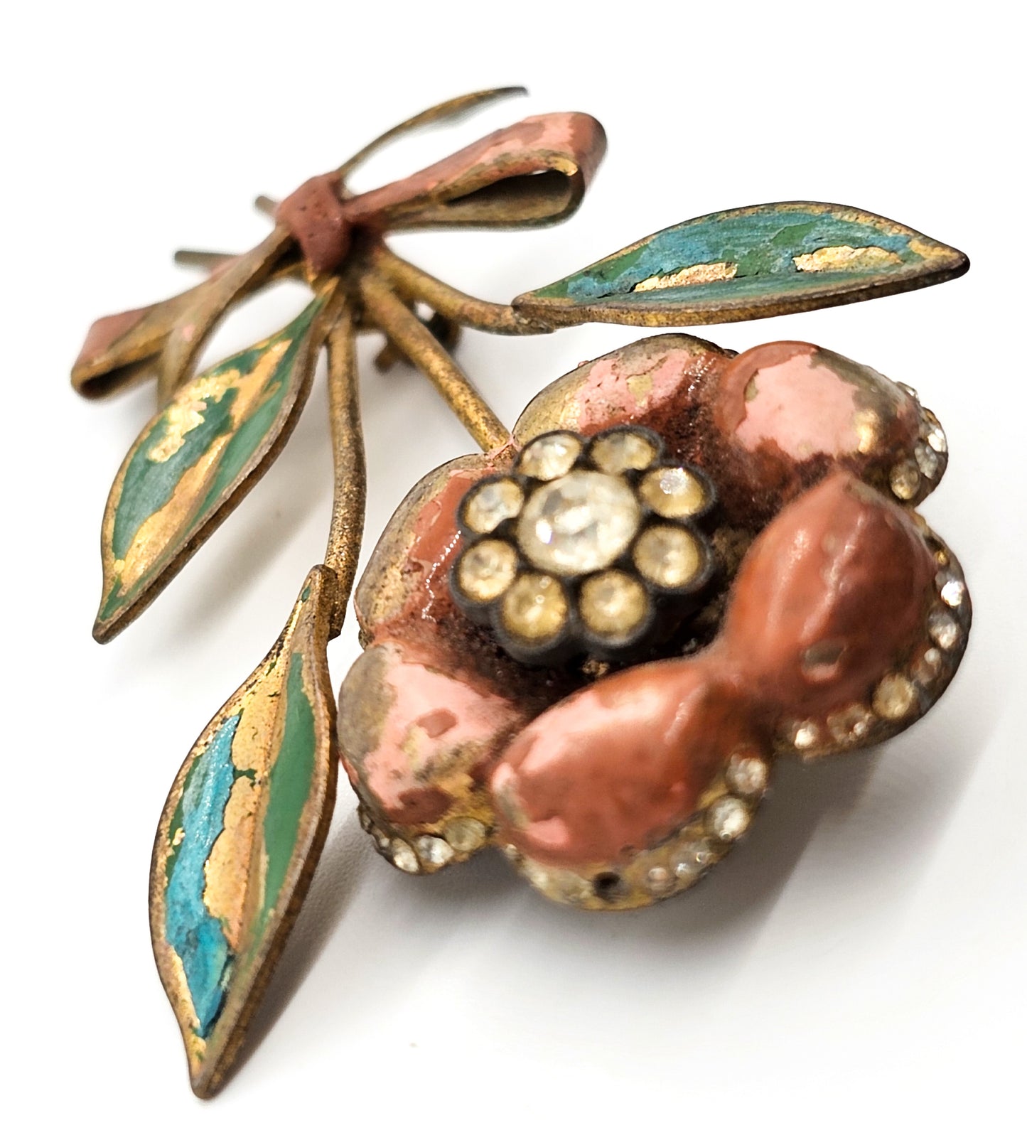 Coro Trembler Art Deco flower with ribbon vintage rhinestone brooch