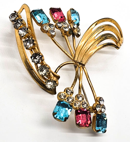 Gold filled pink and aqua blue vintage rhinestone spray brooch