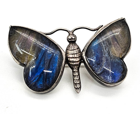 Victorian Genuine butterfly wing sterling silver brooch made in England