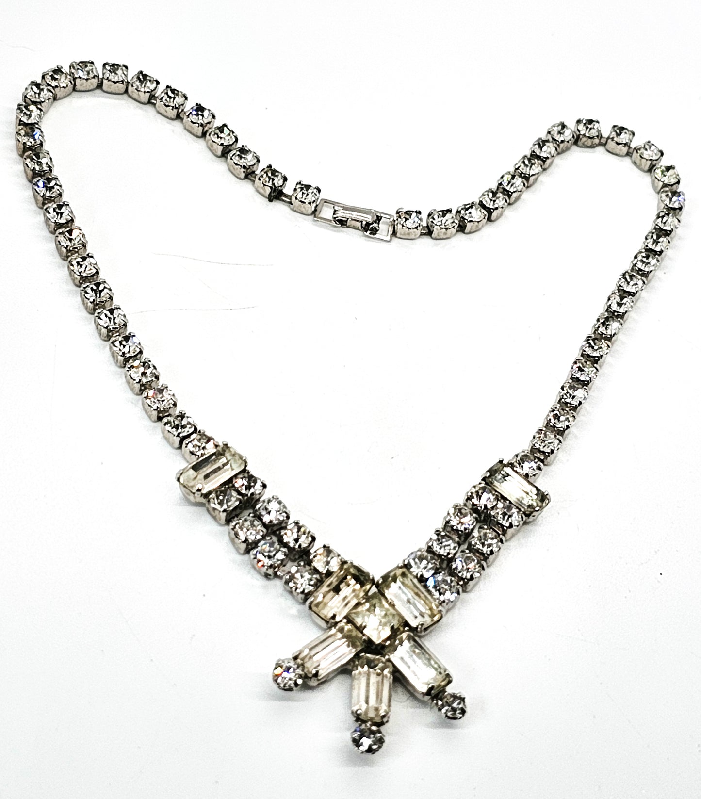 Clear princess cut rhinestone vintage mid century choker necklace