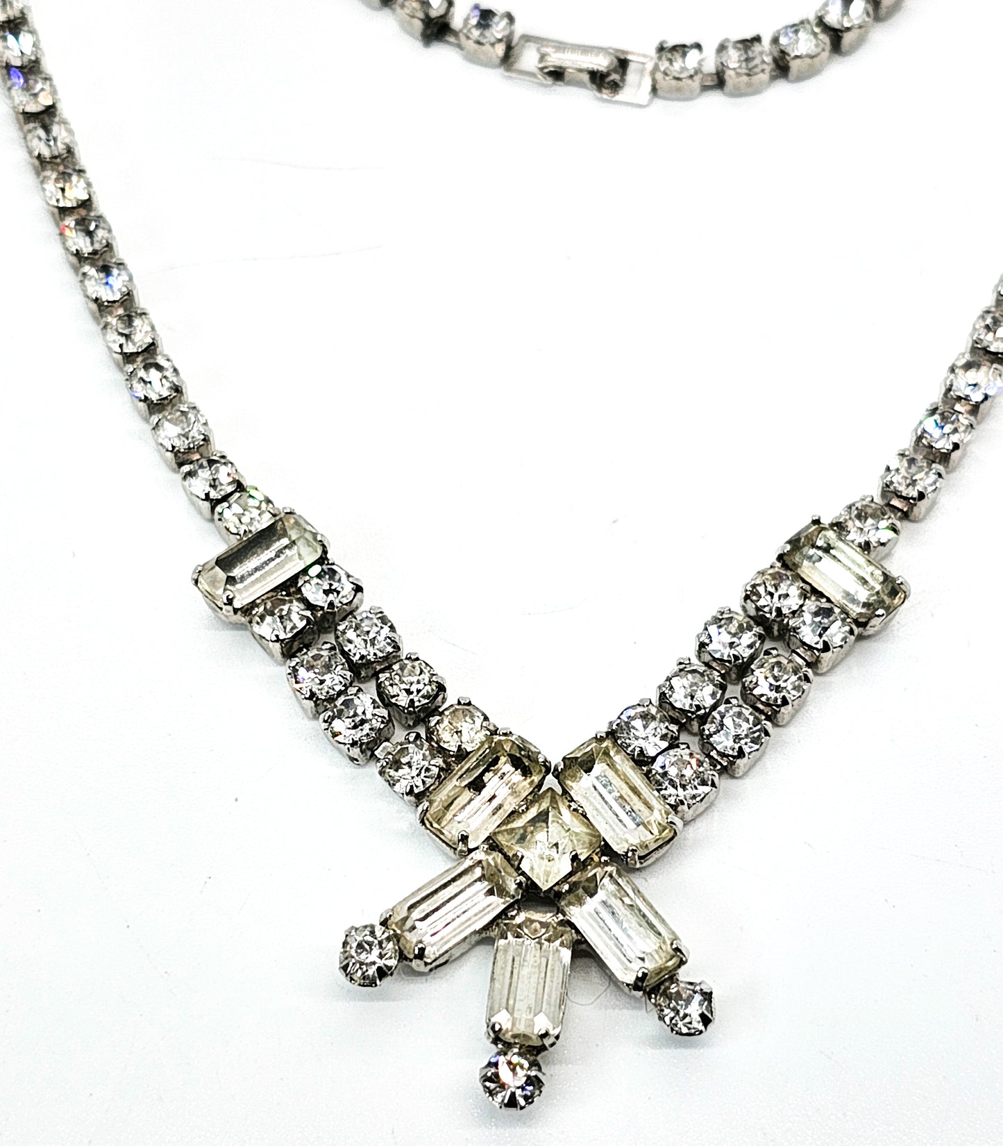 Clear princess cut rhinestone vintage mid century choker necklace