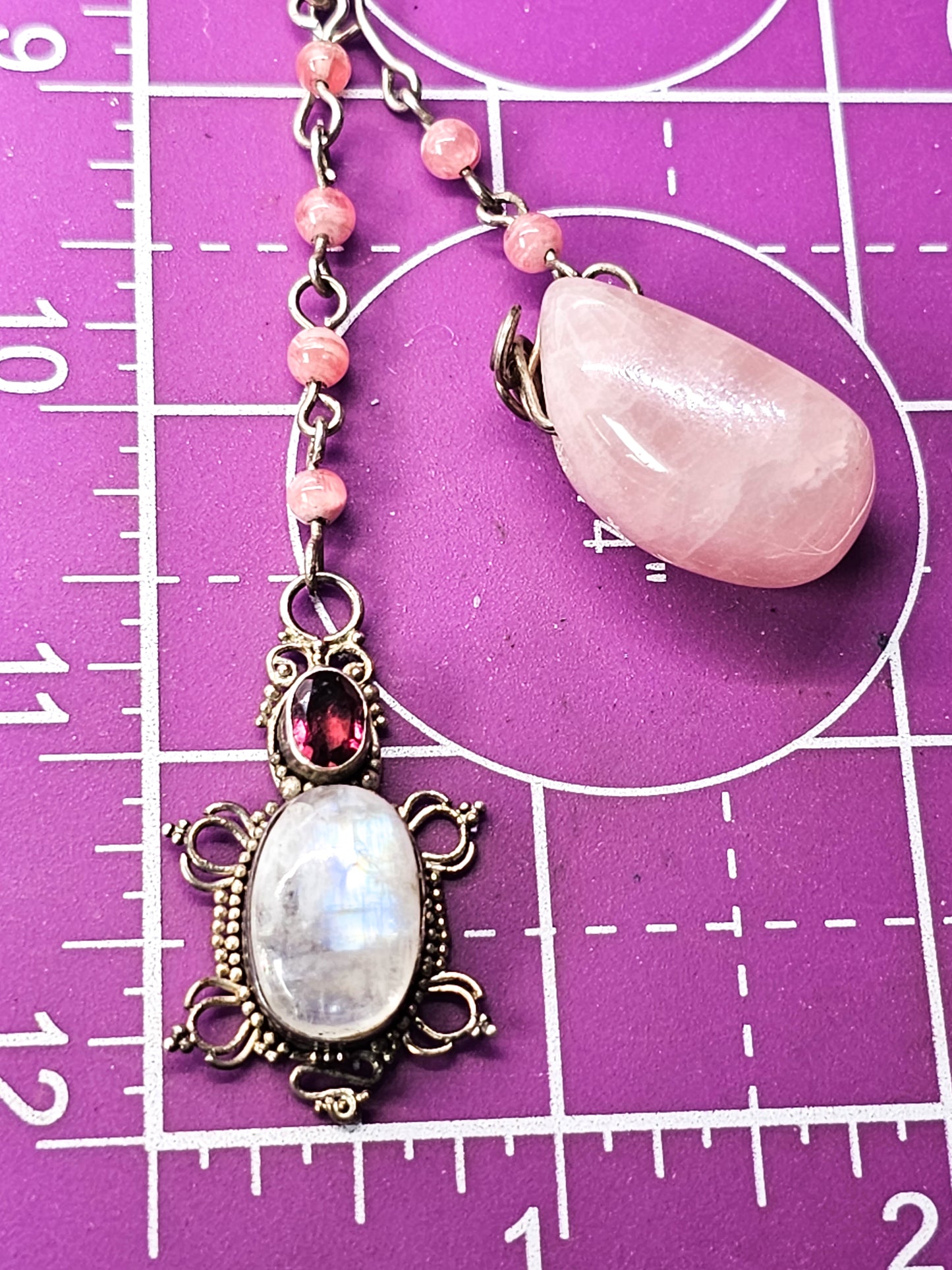 Moonstone rhodochrosite Rose quartz sterling silver artisan long necklace